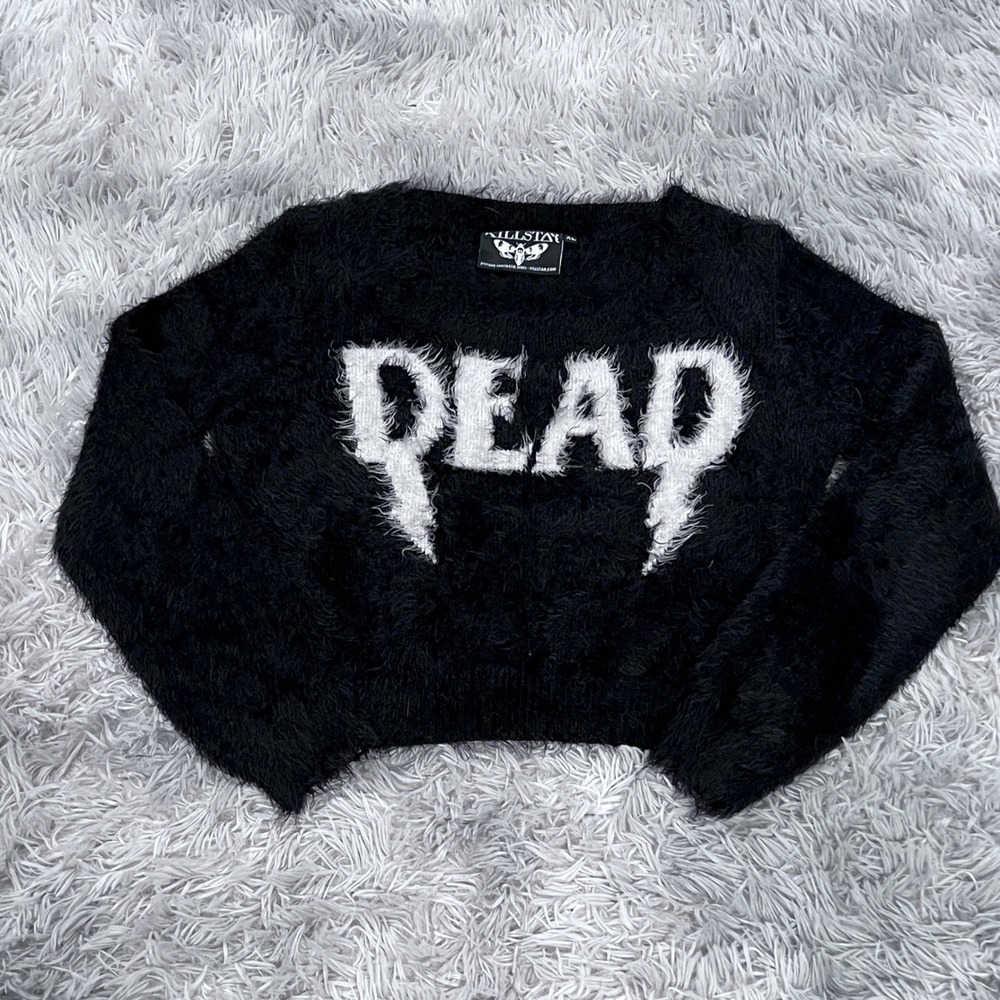 KILLSTAR Black Fuzzy DEAD Graphic Knit Cropped Sweater Goth Grunge Witchy XL - Picture 4 of 12
